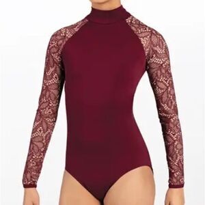 WEISSMAN Balera Dance Costume LEOTARD WITH LACE LONG SLEEVES red MT10292 MC